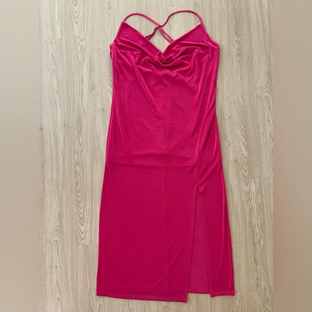 Hot Barbie pink slinky cross strap cowl neck midi dress nwot